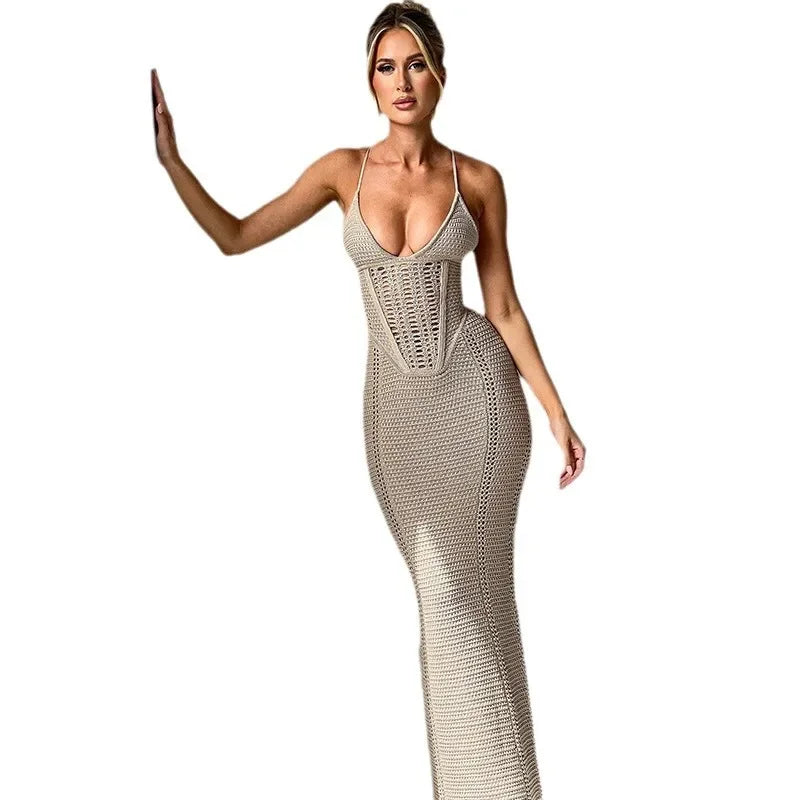 NEW Arrivals Black/White/Khaki Color Spring Summer New Women's Clothing Sexy Elegant Tank Long Dress Hollow Out System Backless Knit Dress Fashionable Open-Back Design Evening Beach Party Night Clubwear