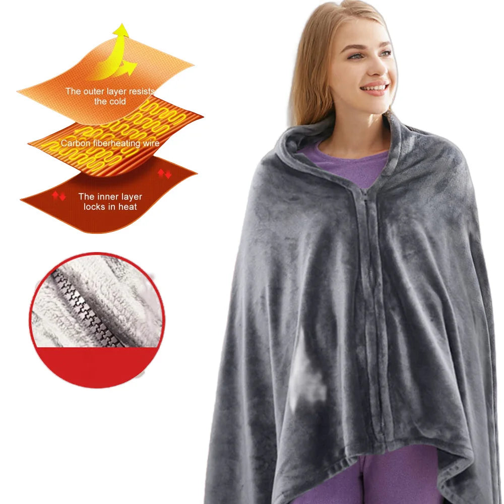 150*80cm Heated Blanket Wrap Portable USB Electric Blanket Shawl Adjust Flannel Throw Blanket Winter Heats Up Quickly Heated Cap