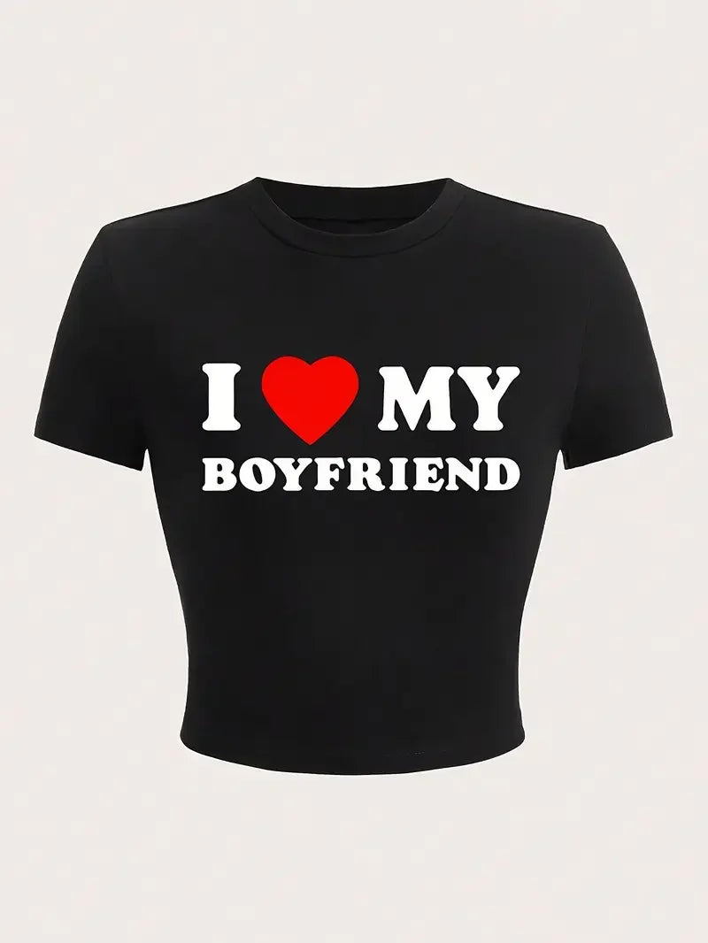 NEW Arrivals White/Black Cropped Shirt *I Love My Boyfriend* T-Shirt Casual Crew Neck Short Sleeve Crop Top for Summer Women's Outdoor Running Cycling Fitness Streetwear Beach Bar Tops