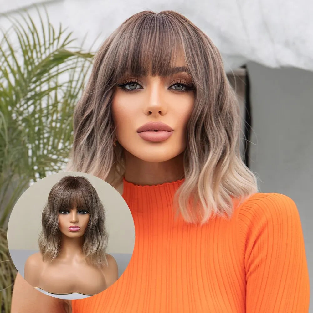 Women Grey Wavy Bob Wigs with Bangs Short Blonde Ombre Synthetic Wig With with Dark Roots Natural Hair for Daily Use