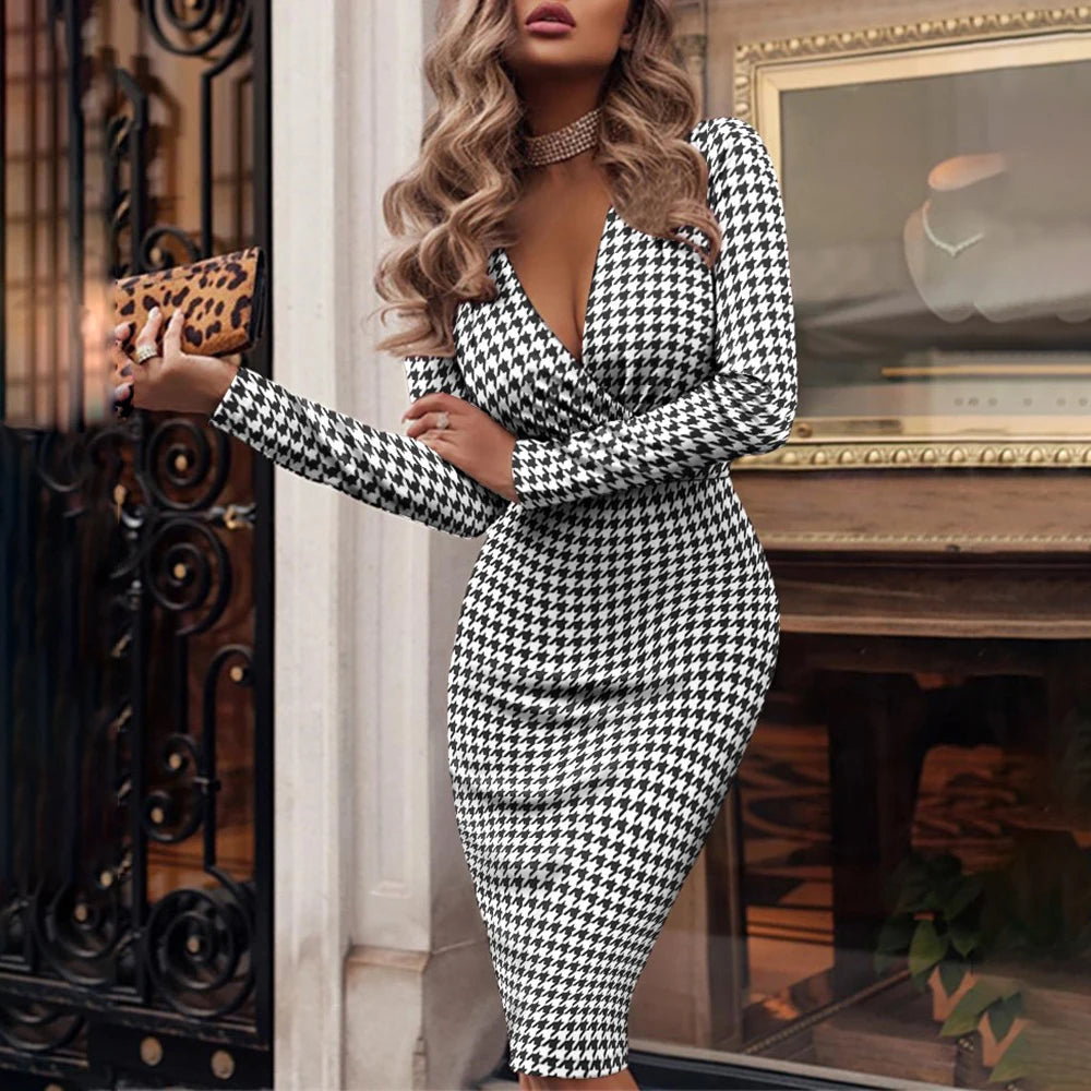 NEW Arrivals 10 Colors/Patterns S-2XL Luxury Spring Autumn Formal Chiffon Bodycon Italian Dress Sexy Long Sleeve Deep V-Pleated Sequins Bag Hip Midi Dress Elegant Office Lady Pencil Evening Dress