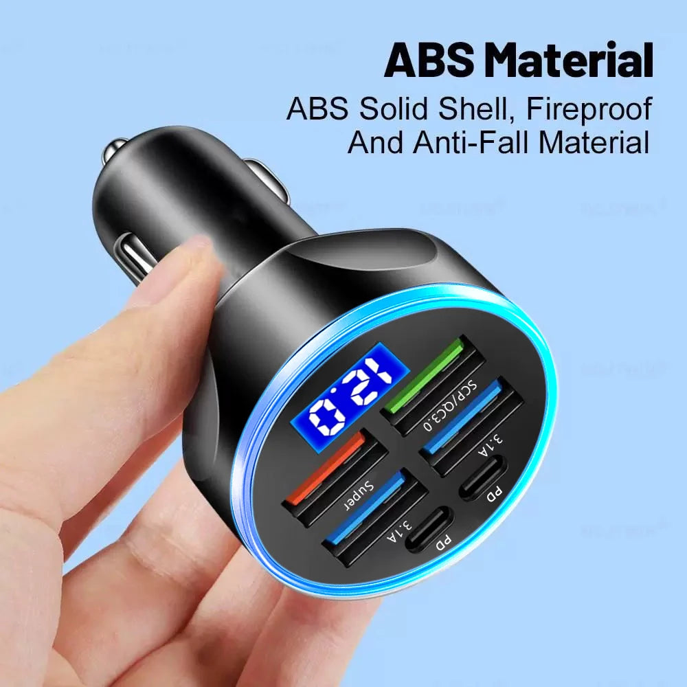 NEW Arrivals 250W 6 Ports PD Car Charger QC3.0 Fast Charge One to Six Car Cigarette Lighter Plug Car Charger Flash Charge with Digital Display