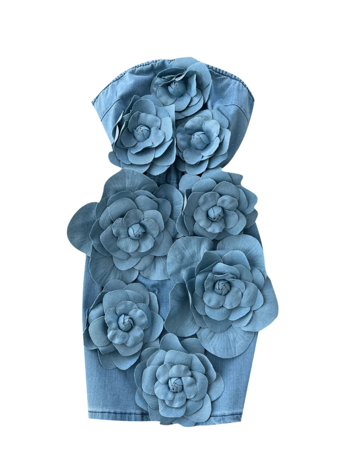 NEW Arrivals S-2XL UK Plus Size Elegant 3D Flower Rose Short Party Dresses Women Summer Holiday Sleeveless Strapless Corset Blue Denim Jeans Dress Mini Dress