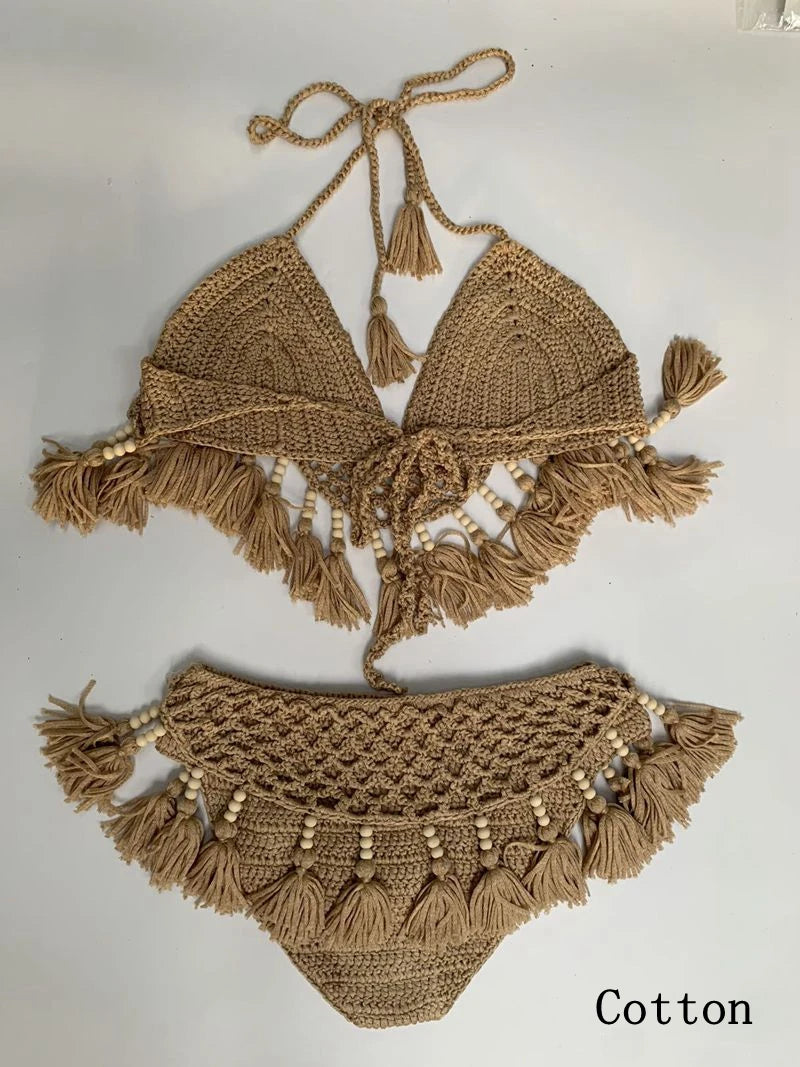 NEW Arrivals Sexy Black Crochet Bohemian Bikinis Set Women Handmade Beading Tassel Knitting Bathing Suit Swimsuit New Micro Swimwear Ladies Girls Summer Beachwear
