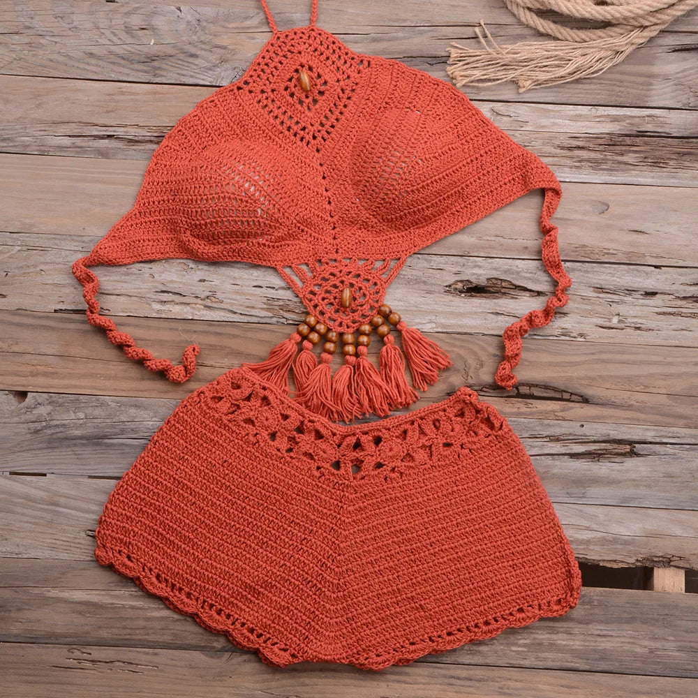 Handmade Bohemian Women Girls Bikini 2PCS Set Crochet Knitting Mini Bra Top With Short Swimsuit Pareo Beachwear Suit Female Sexy Ladies Summer Beach Luxury Fashion Clothing Supplies