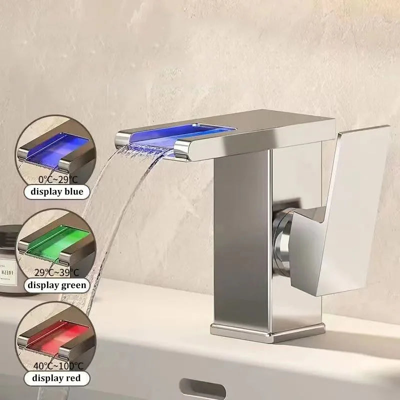 NEW Arrivals Luxury Basin Waterfall Style All-Copper LED Light Luminous Faucet Bathroom + 80cm Hot Cold Pipe Above Counter Basin Household Hot and Cold Water Faucet