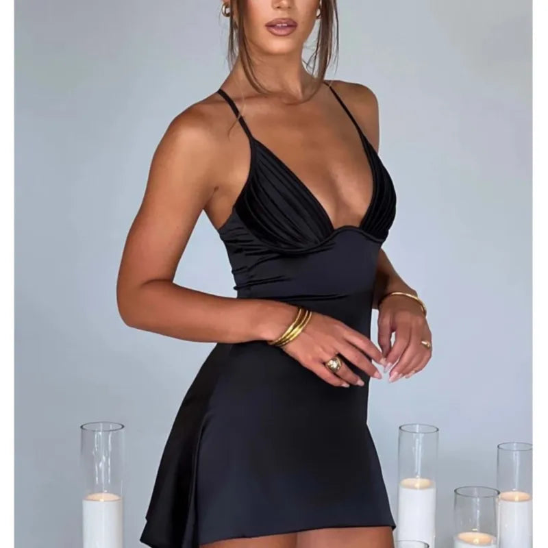 NEW Arrivals UK Size 5 Colors Sexy Satin Mini Dress Ladies Summer Evening Beach Party Night Club New V-neck Backless Solid Color Suspender Party Dresses Girls Fashion Mini Dress