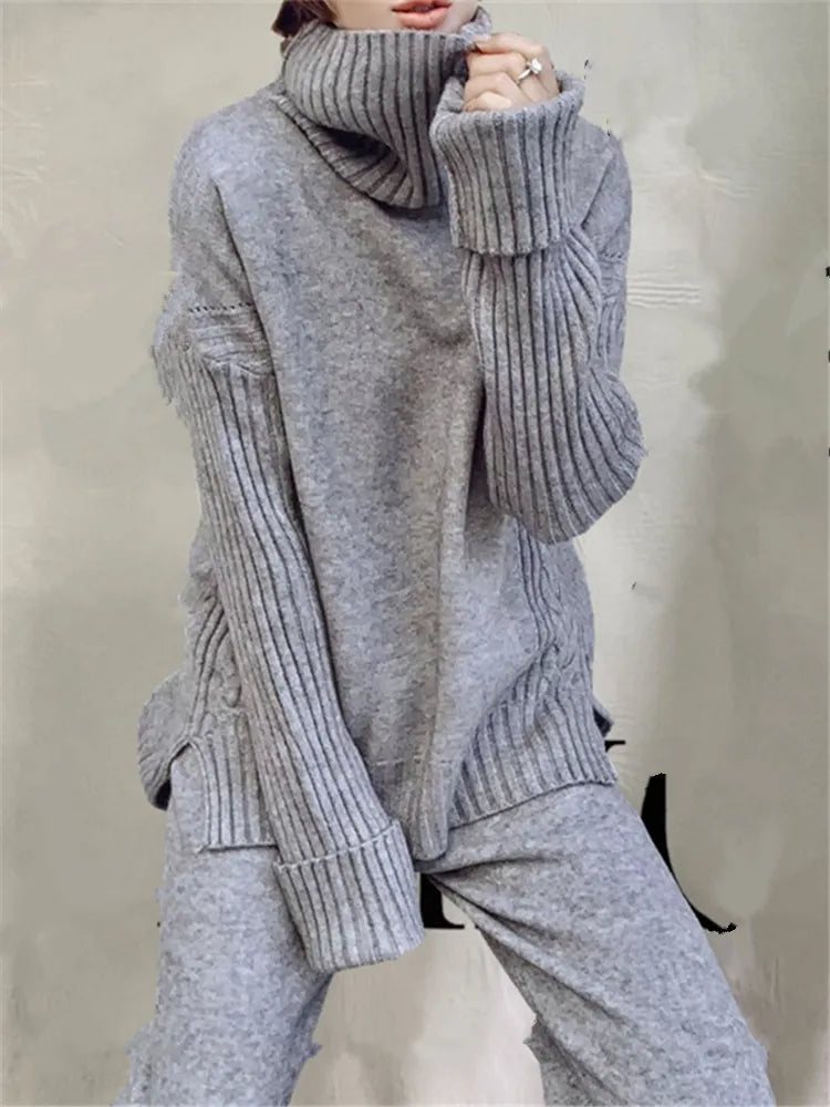 Autumn Winter 2 Pieces Women Sets Knitted Tracksuit New Turtleneck Sweater and Wide Leg Jogging Pant Pullover Suits