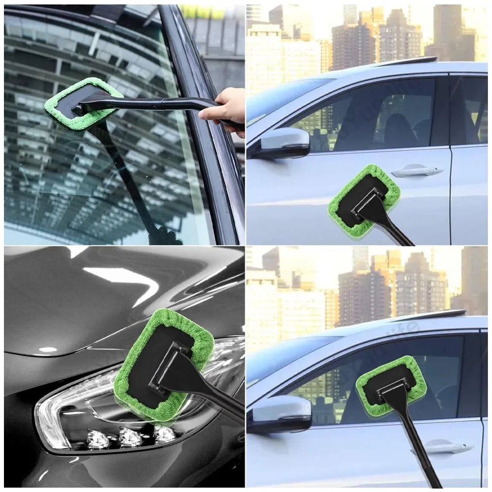 NEW 4PCS Set Car Window Defogging Cleaner Brush Kit Microfiber Windshield Cleaning Tool Auto Interior Glass Wash Wiper Long Handle Reusable Cloth Pads Car Cleaning Accessories