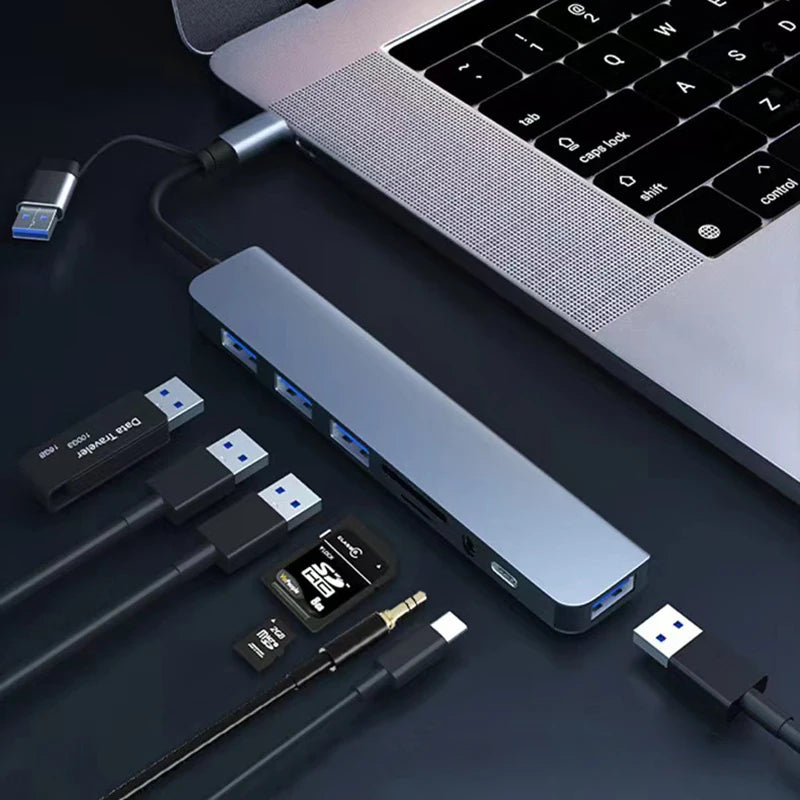 NEW Arrivals 8 in 2 USB +Type C HUB Docking Station with 3.5mm Audio Jack Adapter Micro SD Card Reader Laptop Tablet Phone Disk Converter Computer Accessories Electronic Supplies