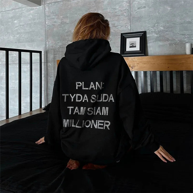 Autumn Women's New Fashion Hooded Letter Hot Diamond Street Trendy Loose Mid length Sweater