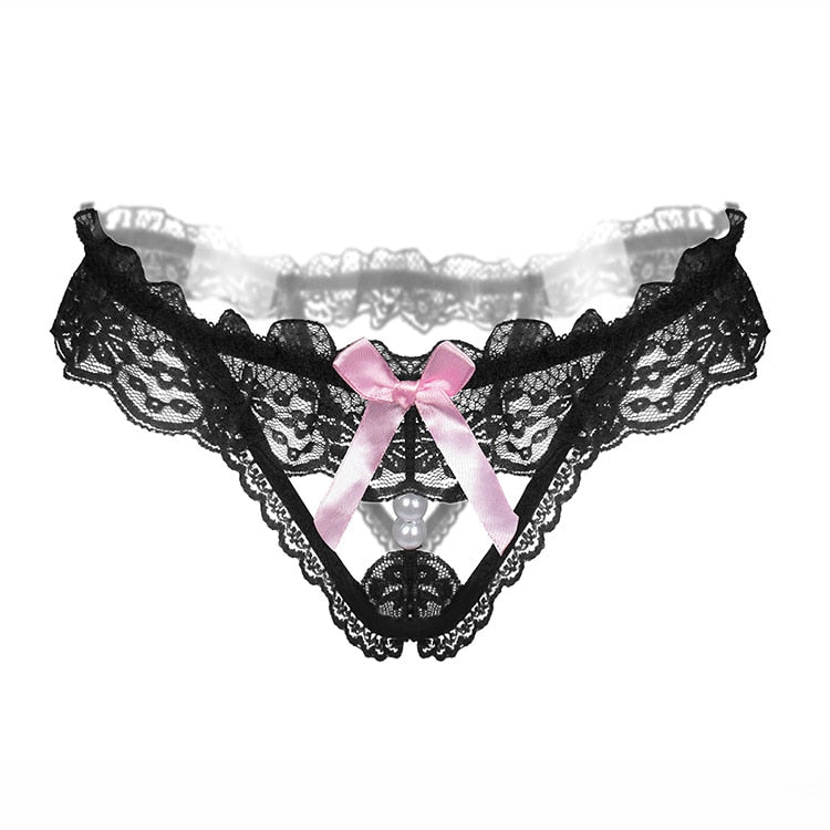 Pearl Massage Sexy Thong Hot Lace Embroidery Transparent Panties Women Sexy Lingerie Low Waist Hollowed Out T-back Femme Tangas