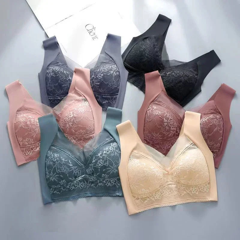 NEW Arrivals 3PCS Set L-(45-50KG) 5XL(100KG) Women Lace Bra Bralette Push Up Perspective Ice Silk Deep V Bra Sexy Lingerie Tops Plus Size Cup Mom's Underwear Chubby Ladies Underwear