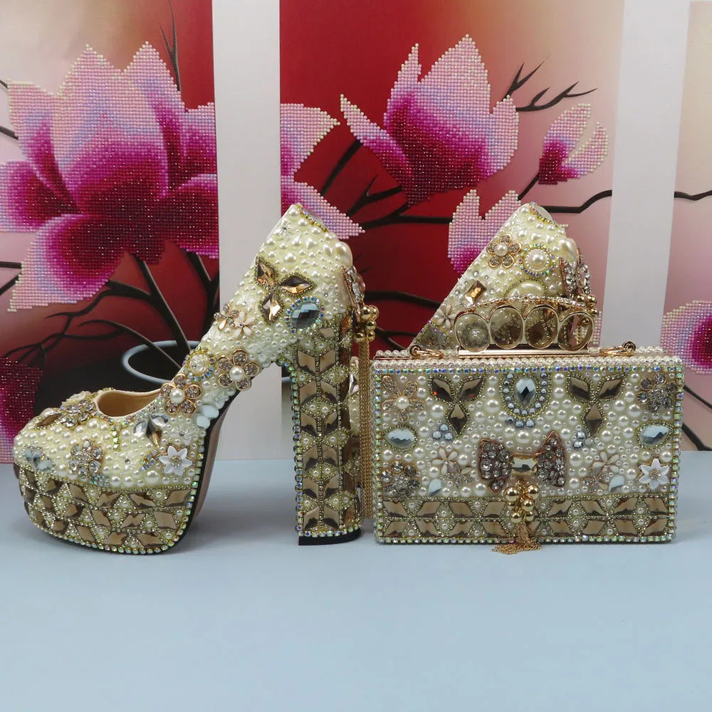 Italian Fashion Champagne Gold Wedding Shoes and Bag Set Woman 14cm High Pumps Thick Heel Evening Party Night Business Shoes Matching Bag Round Toe Pumps Ladies Luxury Fashion Apparel Accessories Clothing Supplies