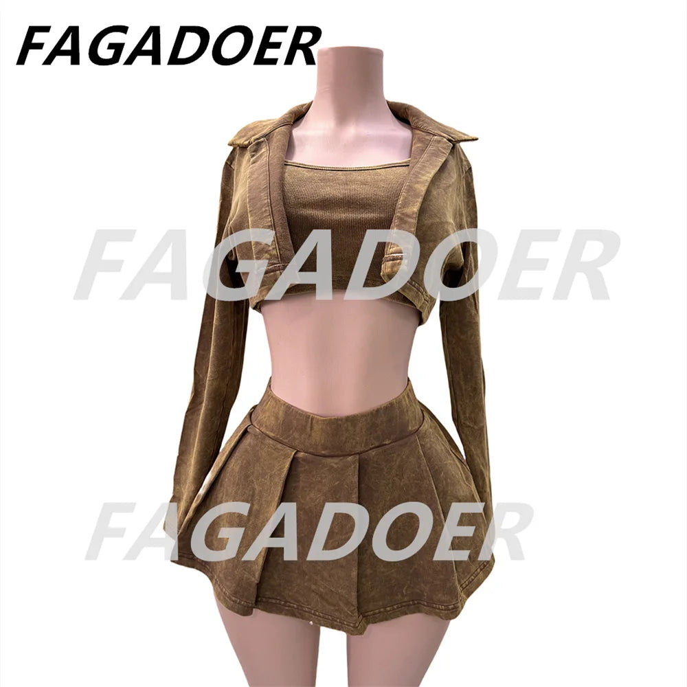 NEW Arrivals 3PCS Set UK/Asian Big Size Fashion Tie Dye Vintage Y2K Street Women Vest +Long Sleeve Coat +Mini Pleated Skirts Outfits Female Thick Rubber Clothing Girls Sexy Fashion Apparel Products