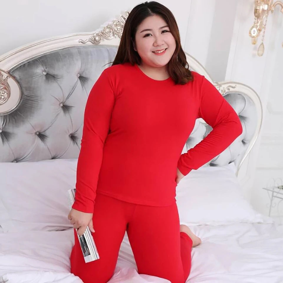 XL-6XL Plus Size Thermal Set Curvy Women Long Johns Set Solid Warm Thermal Underwear Thermal Long Sleeve Pants Pajamas Set Winter Home Clothes