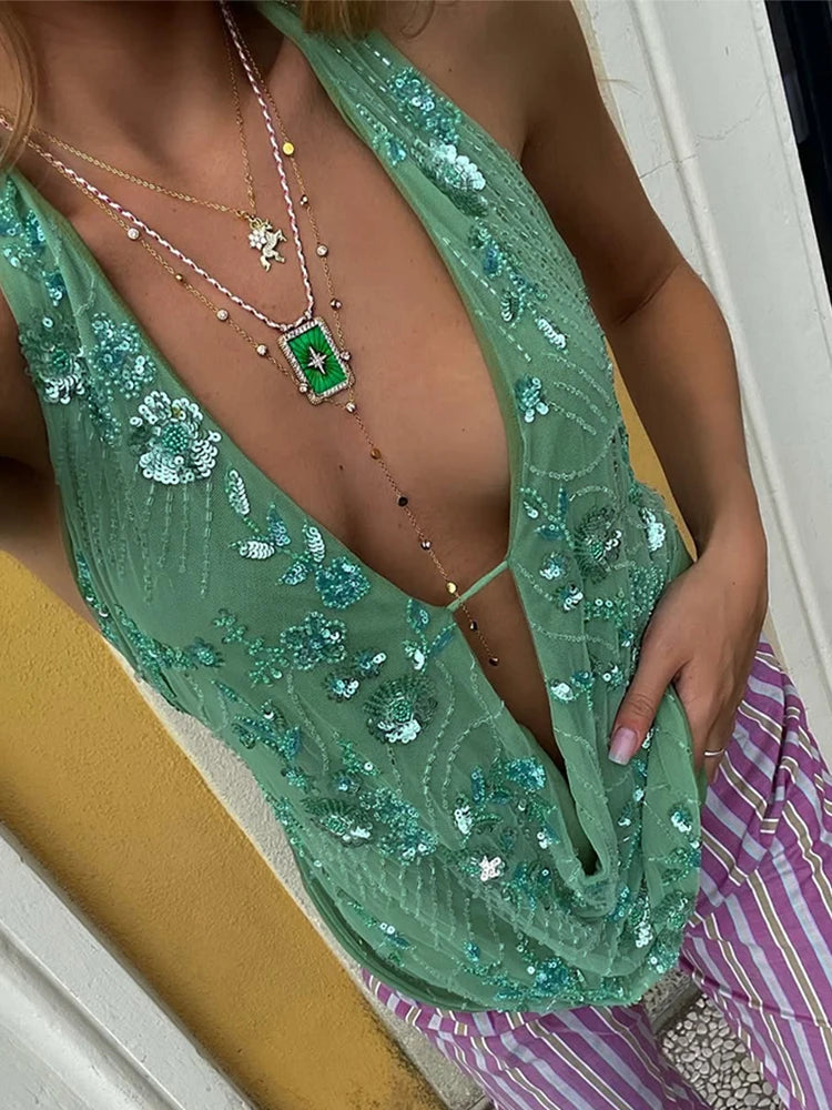 NEW Arrivals UK Size Green/Brown Sexy Deep V Neck Beach Tank Top Hot Girls Summer Sequins Patchwork Sleeveless Vest Women Evening Beach Party Night Club Sexy Backless Top