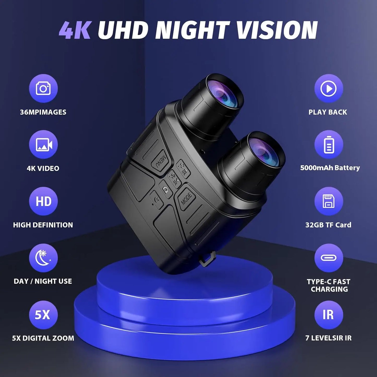 NEW 4K Night Vision Professional Goggles Binoculars with 5000mAh 32GB Card Rechargeable Battery, Can Save Photo and Video,3'' HD Screen for Camping & Security