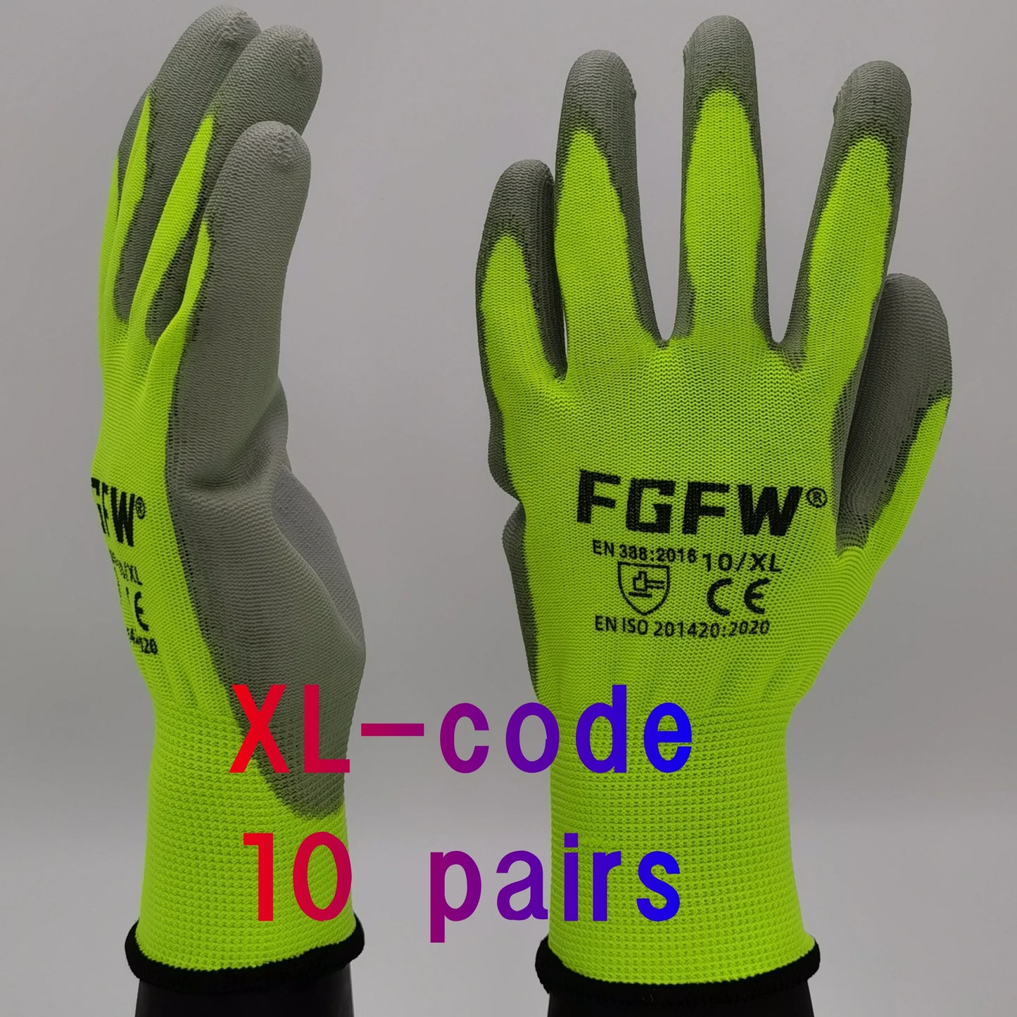 NEW 10 Pairs PU Leather Coated Work Gloves - Lightweight, Durable Safety Gloves EN 388/ISO20471 Certified, Sizes S/M/L/XL