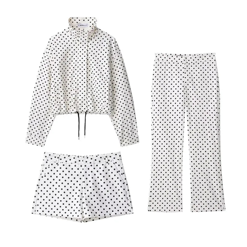 3 PCS Suit UK Size Woman Autumn Long Sleeves Turtleneck Zipper With Pockets Drawstring Casual Coats Women Fashion Polka Dot Jacket
