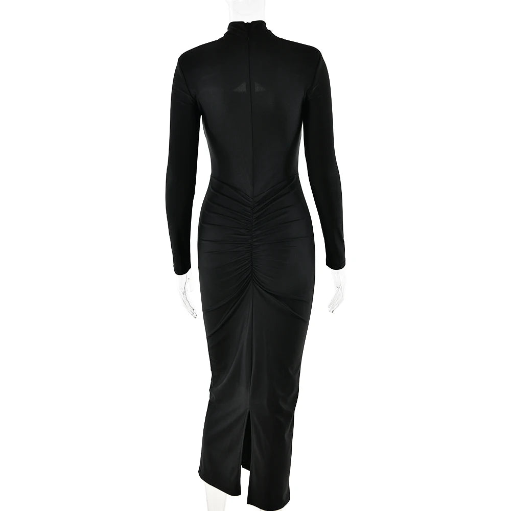 NEW Arrivals Big Save Elegant Long Sleeved Elastic Tight Long Dress Women Bodycon Pleated Party Club Evening Dress Hollowed Out Slim Female Ladies Luxury Fashion Clothing Products