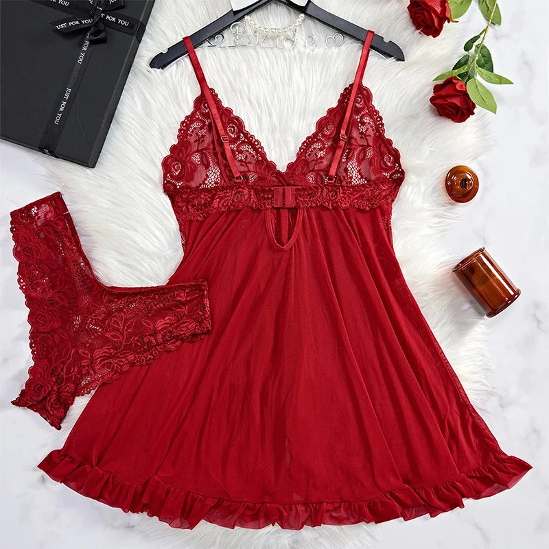 NEW Arrivals 2PCS Set Black/ Pink/Wine Red Color Transparent Sexy Lingerie Women Panties See Through Sleepwear Lace V Neck Nightdress And Thong Sets Female Underwear Briefs Set