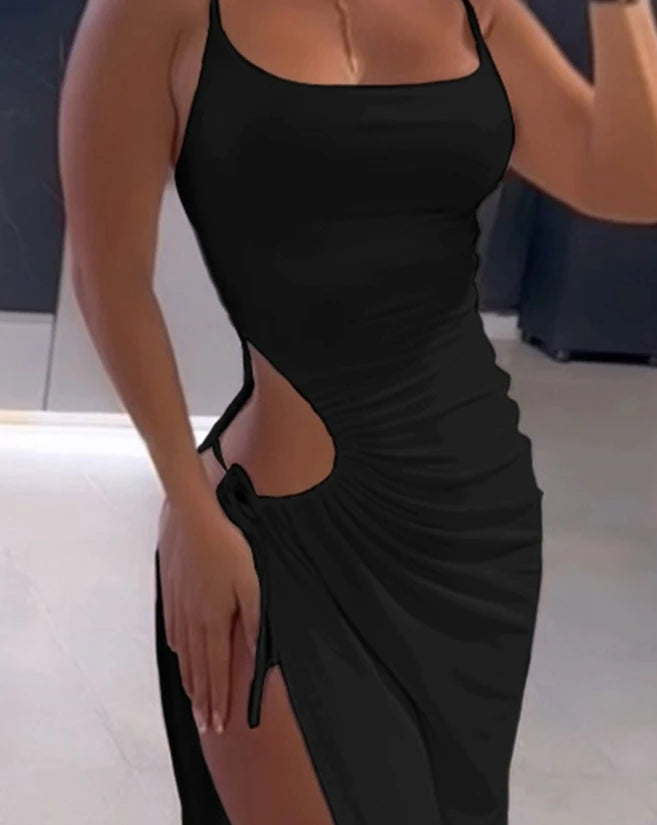 BRAND NEW White/Pink/Red Color Extremely Sexy HOT Women Clothing Outfits Slit Dresses Summer Elegant U-Neck Spaghetti Strap Drawstring Evening Beach Party Night Clubwear Dress
