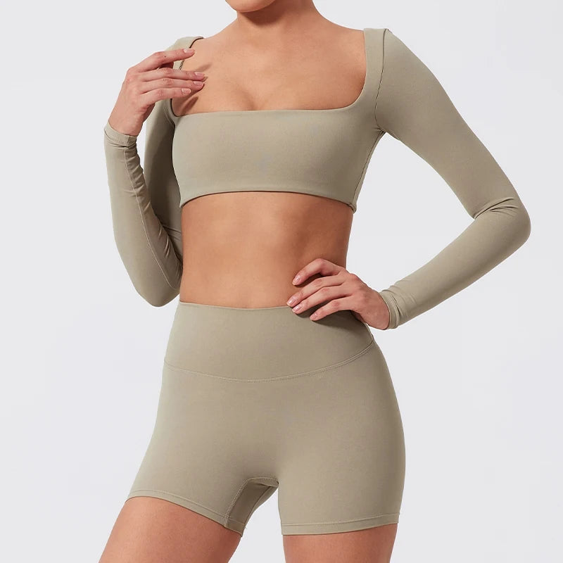 NEW Arrivals S-XL 7 Colors Quick Dry Square Neck Activewear Women Gym Top Women Fitness Sports Crop Top Female Casual Long Sleeve Yoga Clothes