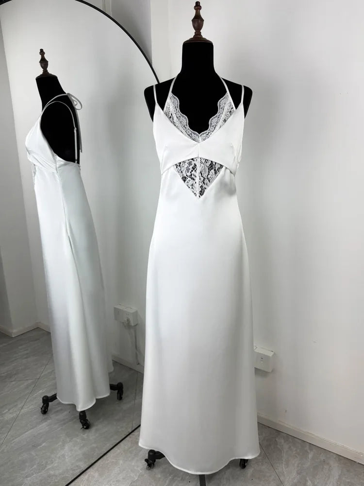 NEW Black/White Color Sexy Lace Hollow Out Maxi Dress Female Backless Spaghetti Slim V-Neck Hollow Out Commute Dress Summer Halter Dresses