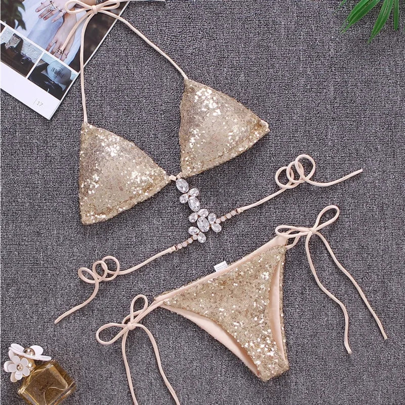 NEW Arrivals Shiny Sexy Bikinis Pink/Blue Color Swimsuit With Rhinestones Women Luxury Swimwear Female Push Up Bikini Beach Swim Wear Bathing Suits Swimming Pool Luxury Bikini