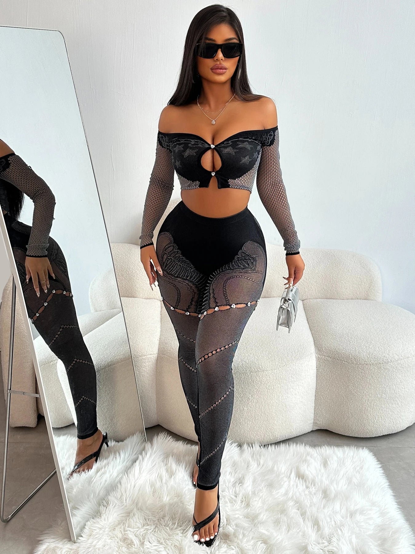 NEW Arrivals 2PCS Set Sexy Thick Women Chic Hollow Rhinestones Slash Neck Crop Tops+Patchwork Leggings Stretch Matching Evening Nightclub Party Suit Ladies Girls Sexy Fashion Clothing Supplies