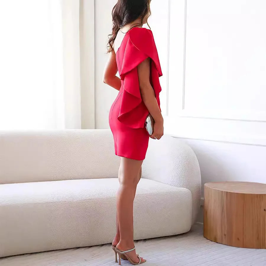 NEW Arrivals S-2XL UK Size Sexy Spring Summer Autumn Ruffle Leaf Edge Single Shoulder Solid Color Sexy Dress Banquet Evening Party Dress Women Ladies Fashion Clothing Supplies