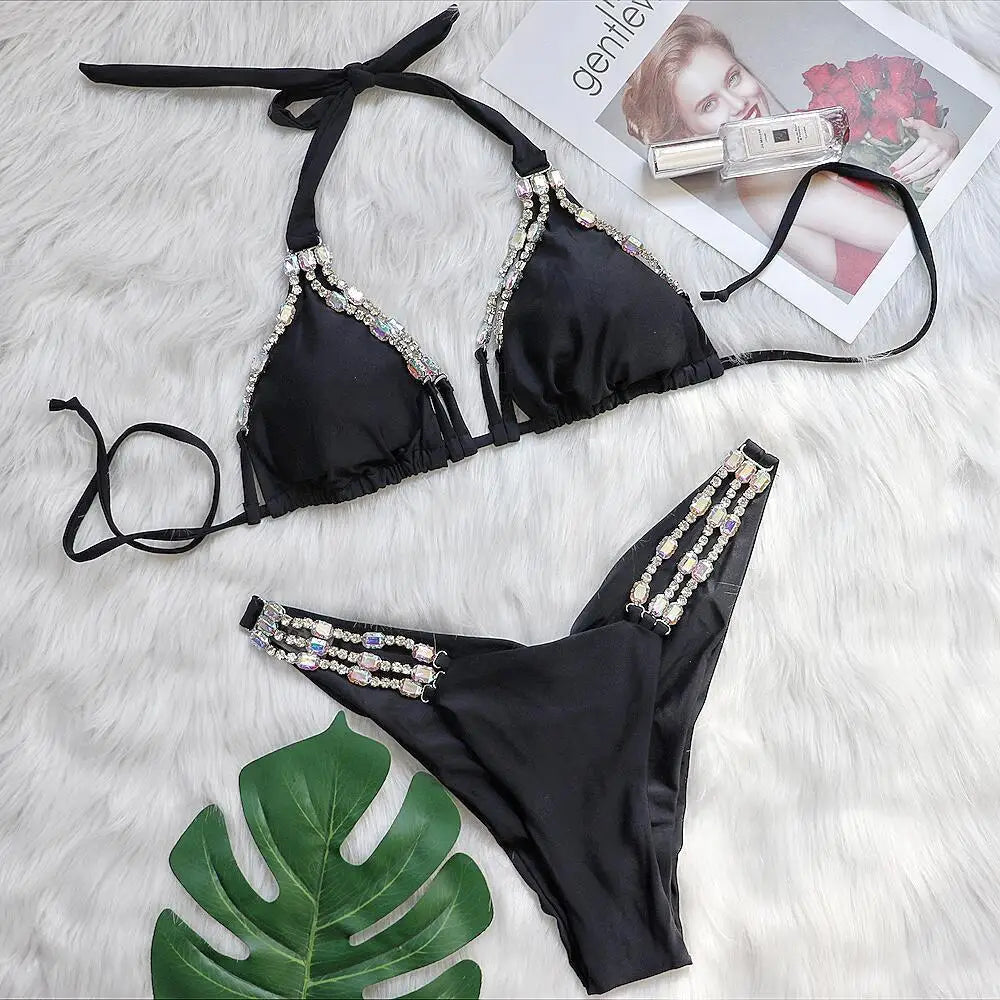 NEW Arrivals Sexy Rose Red/Black S-XL Bikinis Swimsuit With Rhinestones Women Female Swimwear Female Push Up Bikini Beach Swim Wear Bathing Suits Water Pool Bather Girls Ladies Summer Luxury Fashion Apparel Supplies