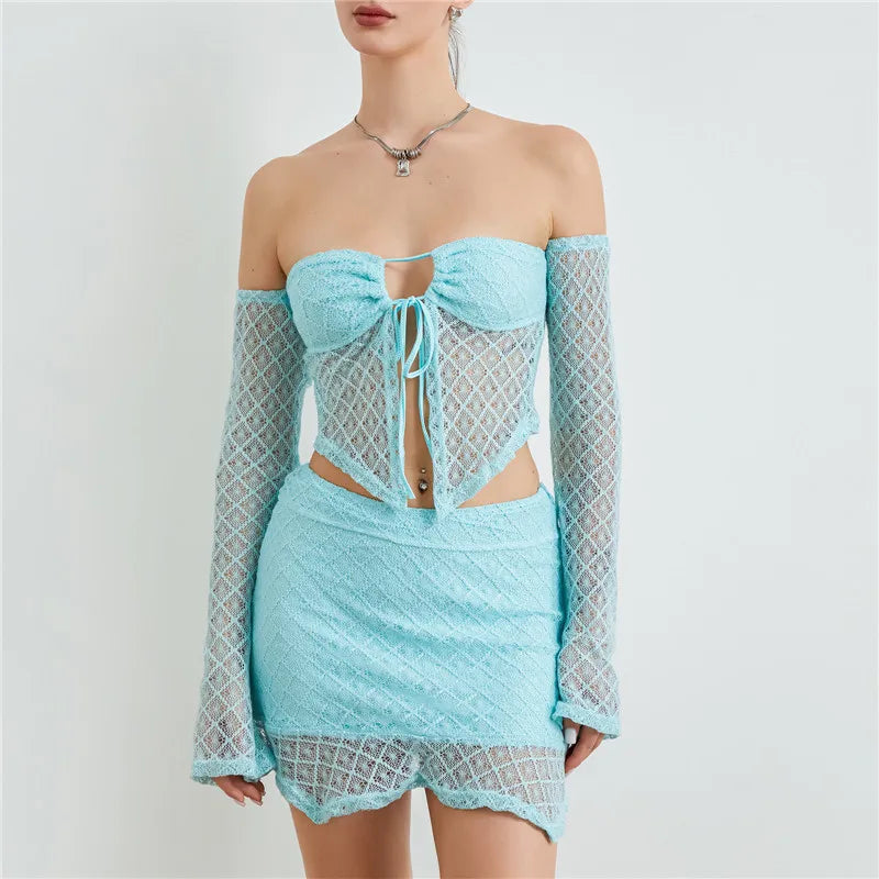 NEW Arrivals 2PCS Set White/Black/Blue Color Women Sexy Crochet Knit Skirt Hollow Out Knitted Cami High Waist Bodycon Mini Skirt Outfits Spring Summer Evening Beach Party Night Club Outfit