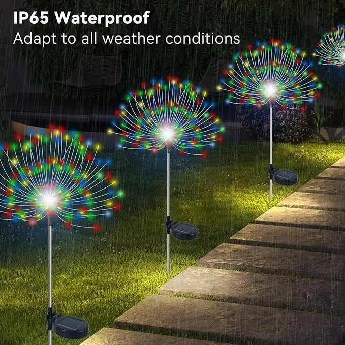 NEW 2PCS Set Solar Outdoor Firework Lights 200 LED Waterproof 2 Modes Decorative Sparkles Stake Landscape Light for Party Garden Footpath Lighting Accessories