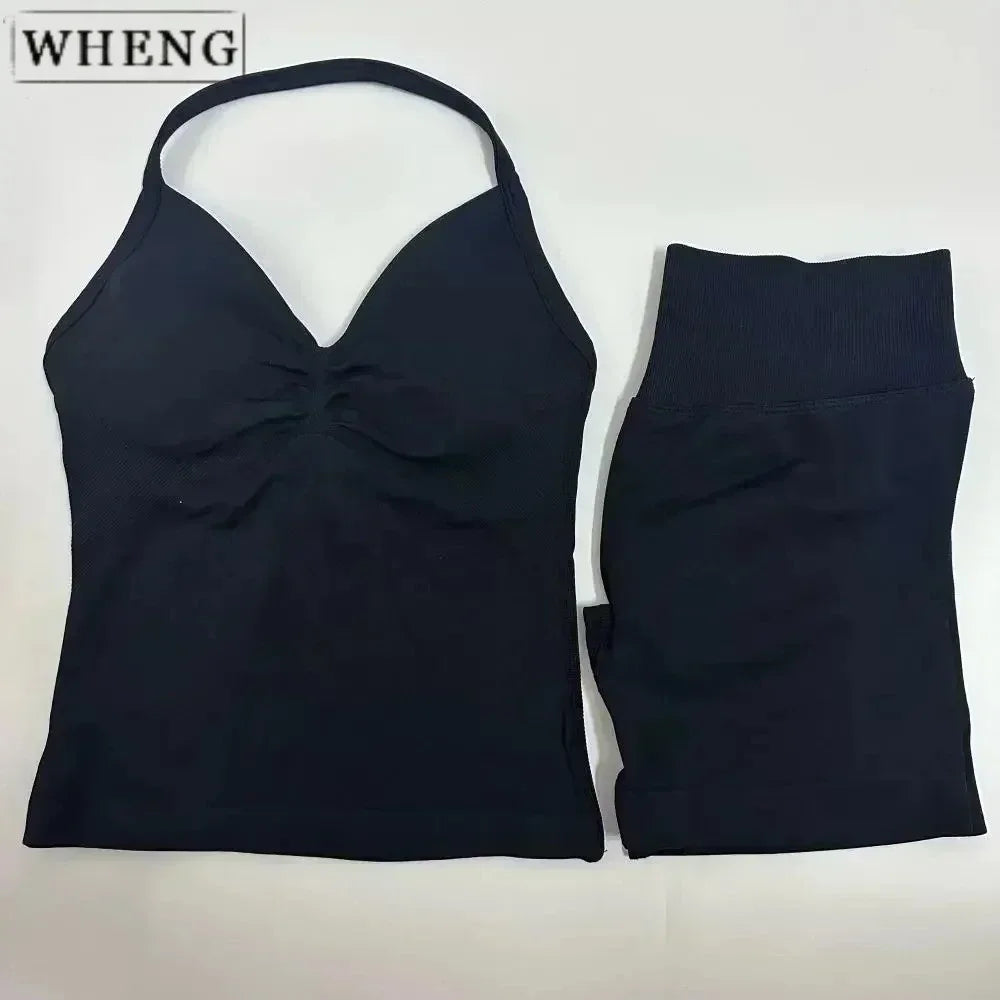 NEW Arrivals 2PCS Set 10 Colors Padded Sleeveless T-Shirt with Halter Collar Hip Pants Summer Sportswear Women Fitness Yoga Pilates Suit Outdoor Hiking Running Sports Clothes