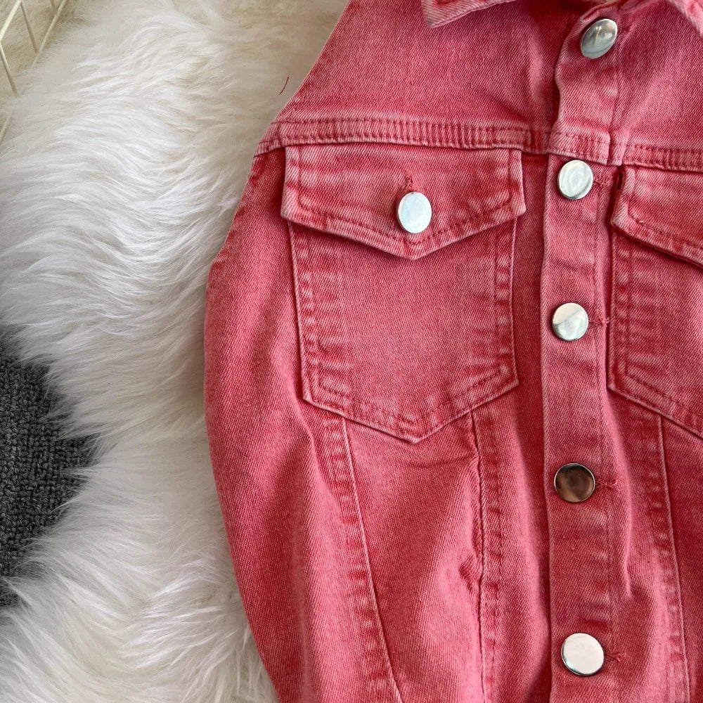 New Vintage Turn-Down Collar Sleeveless Bodysuit High Waist Elegant Jumpsuit Safari Style Denim Straight Ropa Mujer