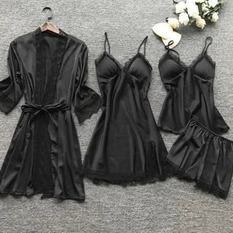 NEW 4PCS Set S-3XL Plus Size 6 Colors Chubby Women's Sexy Lace Pajamas Fashion V-Neck Satin Gown Comfort Pajamas with Chest Pads Nightdress Ladies Luxury Sleepwear Suit
