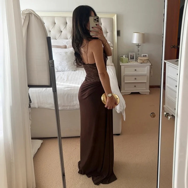 NEW Brown/Burgundy/Black Color UK Size One Shoulder Lace See Through Sexy Maxi Dress Women Gown Fashion Off-shoulder Sleeveless Backless Evening Party Club Long Dresses