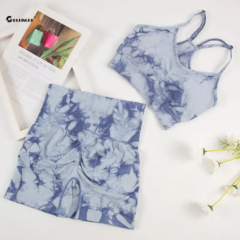 Tie Dye Yoga Set Women Seamless Sports Suit Cycling Shorts with Running Bra Gym Tracksuit Elastic Fitness Outfit