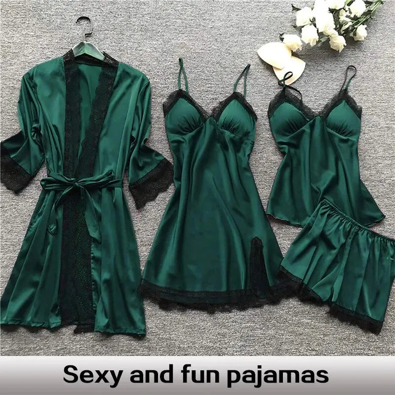 4PCS Sleepwear Pajamas Set Silk Women Nightdress Lace Dress Robe Sleep Nightwear Silk Solid Color Pijama Sets