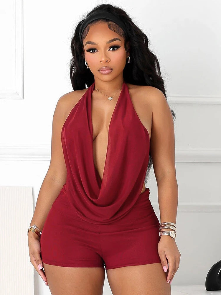 2 PCS Set White/Red Color Sexy Elegant Halter Backless Bandage Swing Collar Tank Tops + Shorts Matching Streetwear Tight Stretch Suit Evening Beach Rave Party Night Clubwear Prom Suit