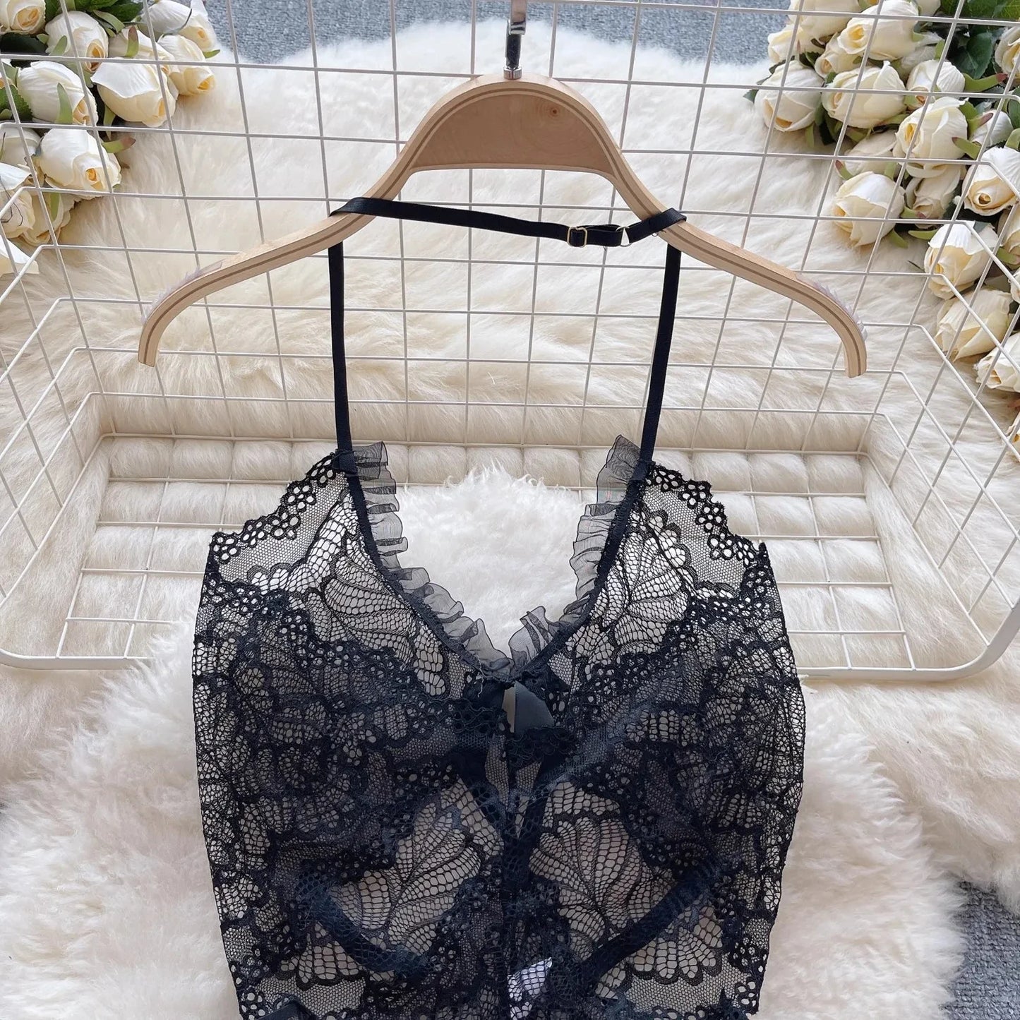 NEW Arrivals White/Black See-Through Lace Playsuit Halter Ruffle Hollow Bodysuit For Women Cloth Skinny Sexy Erotic Lingerie One Piece Backless Jumpsuit