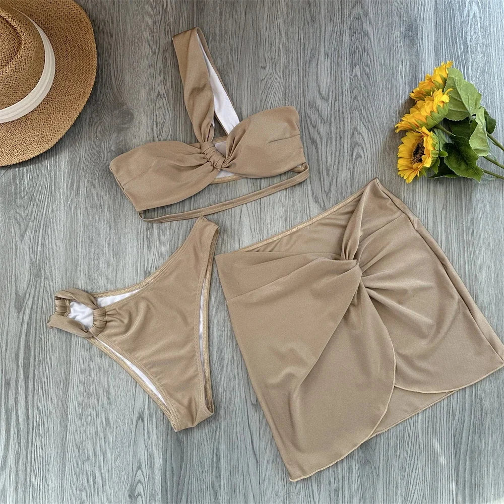 BRAND NEW 3PCS Set 9 Colors Sexy Bikini Women Swimsuits Female Swimwear Beachwear Swimming Suit Bathing Suit One Shoulder Bikini Set Ladies Sexy Beachwear Cover Ups