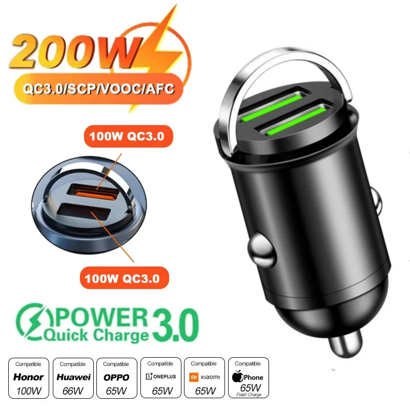 NEW 200W QC3.0 PD Mini Car Charger 12-24V Lighter Fast Charging Car USB Type C Charger for Xiaomi Samsung Huawei iPhone Power