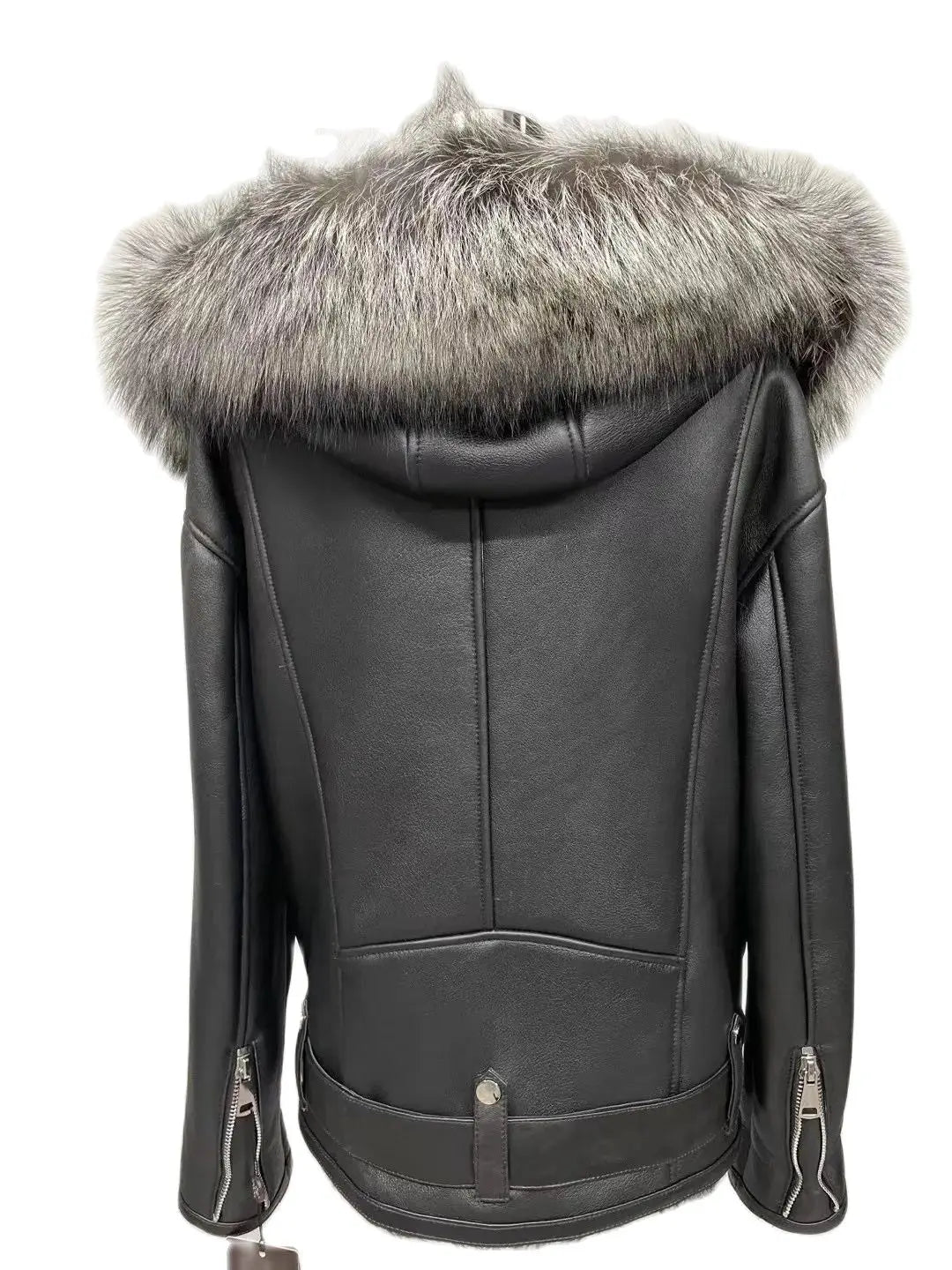 Women Sheep Leather One Fur Coat Parka Jacket Lining With Fox Fur Hood Trimming Warm Locomotive Suit Biker Jacket
