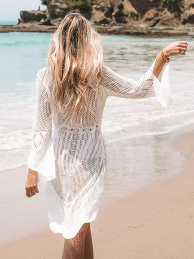 Summer Women Beachwear Sexy White Crochet Tunic Beach Wrap Dress Woman Swimwear Swimsuit Cover-ups Bikini Cover Up Q719