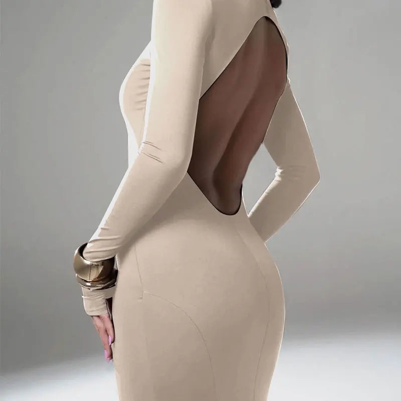 NEW Arrivals Brown/Khaki Color Long Sleeves Women's Evening Dress Elegant Party Spring Autumn Winter Sexy Backless Dress Streetwear Fashion Casual Slim Turtleneck Brown Dress