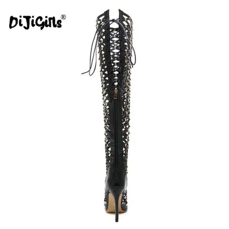 Sexy Rivets Studded Thigh High Sandals Women Summer Gladiator Sandal Boots High Heel Cut Out Over-the-Knee Boots