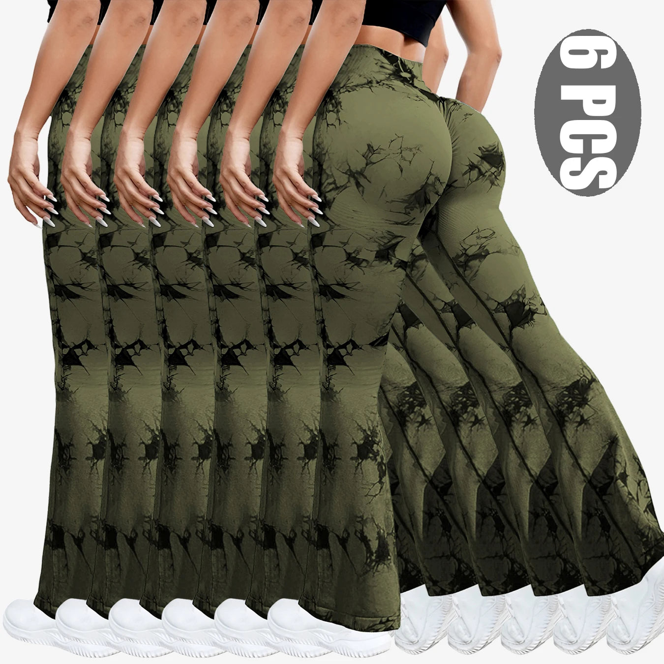 NEW Arrivals 6PCS Set Tie Dye Seamless Yoga Pants Flared Trousers High Waist Butt Lifting Sportswear Women Gym Training Fitness Sports Pants